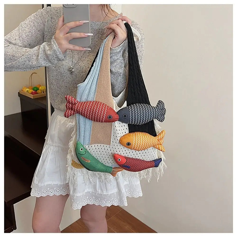 Fashion Summer Cotten Crochet Shoulder Bag Fish Fashion Tassels Beach Handbag Handbag Simple Tote Bag Shopping Bag