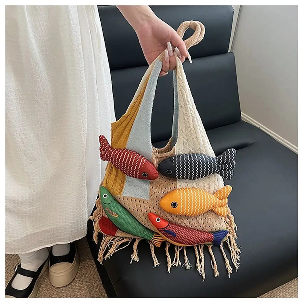 Fashion Summer Cotten Crochet Shoulder Bag Fish Fashion Tassels Beach Handbag Handbag Simple Tote Bag Shopping Bag