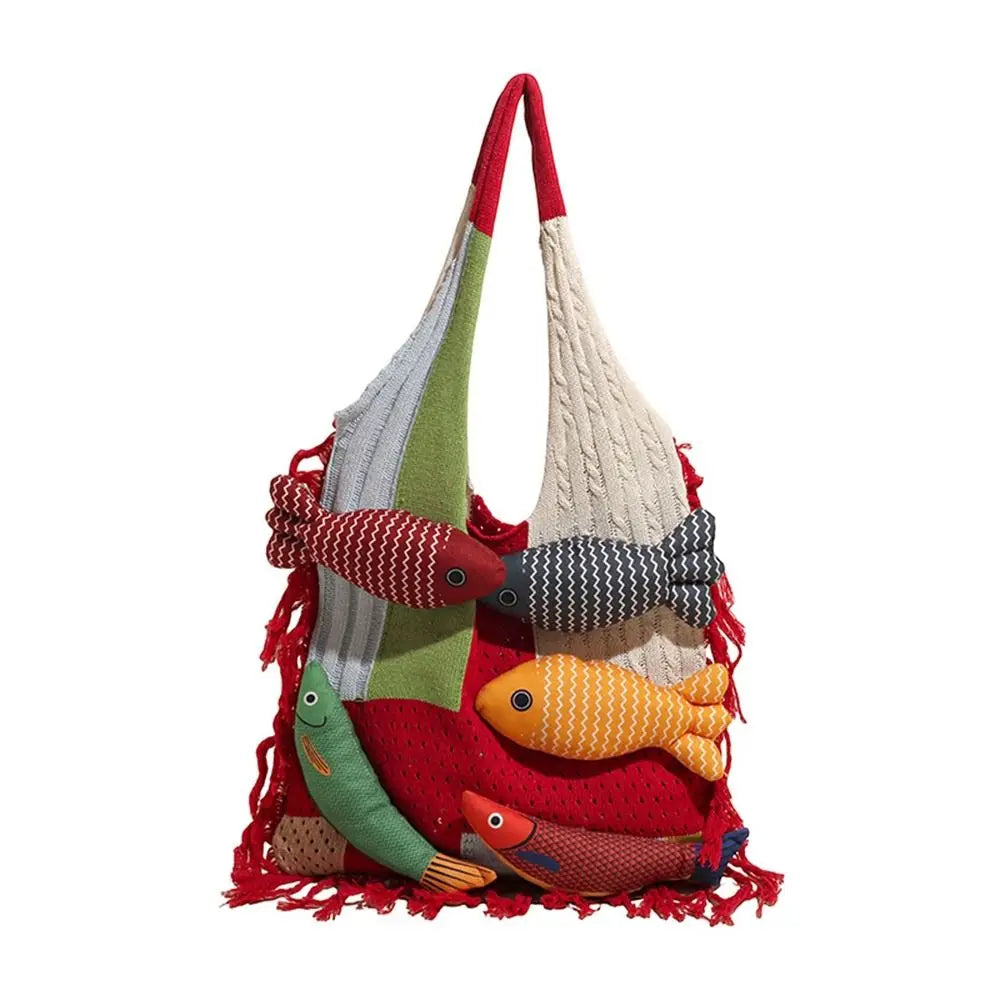 Fashion Summer Cotten Crochet Shoulder Bag Fish Fashion Tassels Beach Handbag Handbag Simple Tote Bag Shopping Bag